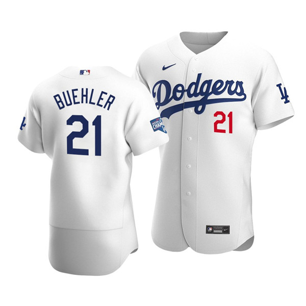 Men's Los Angeles Dodgers #21 Walker Buehler White 2020 World Series Champions Patch Flex Base Sttiched MLB Jersey